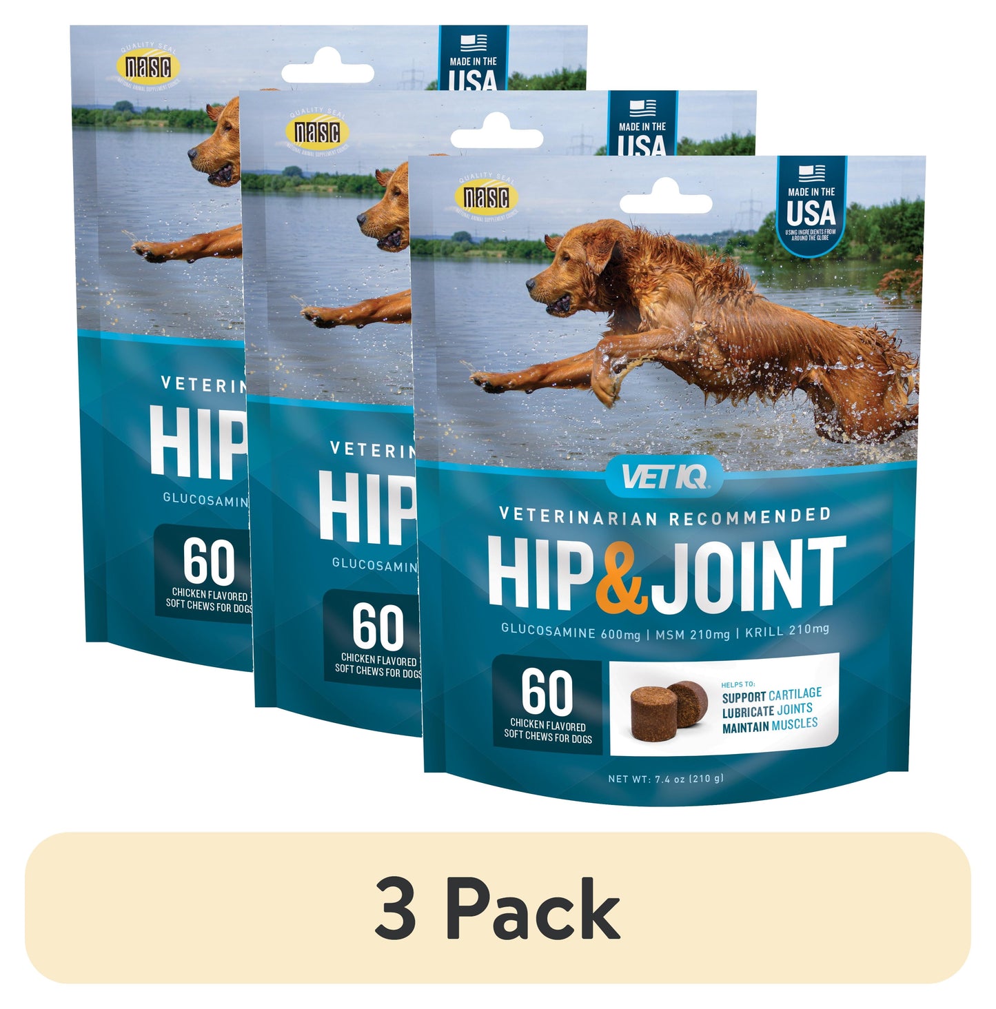 (3 Pack) Vetiq Hip & Joint Supplement for Dogs, Chicken Flavored Soft Chews, 7.4 Oz, 60 Count