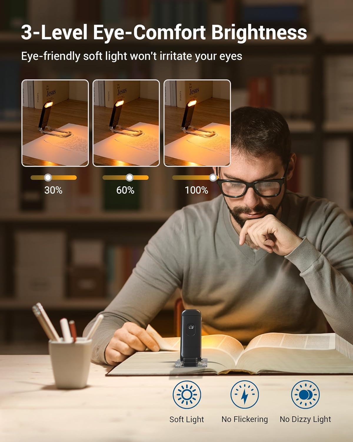 Book Light, Amber Warm Clip on LED with 3 Adjustable Brightness for Eye Protection, Rechargeable USB Long Lasting Reading Light, Gifts for Bookworms, Kids (Black)