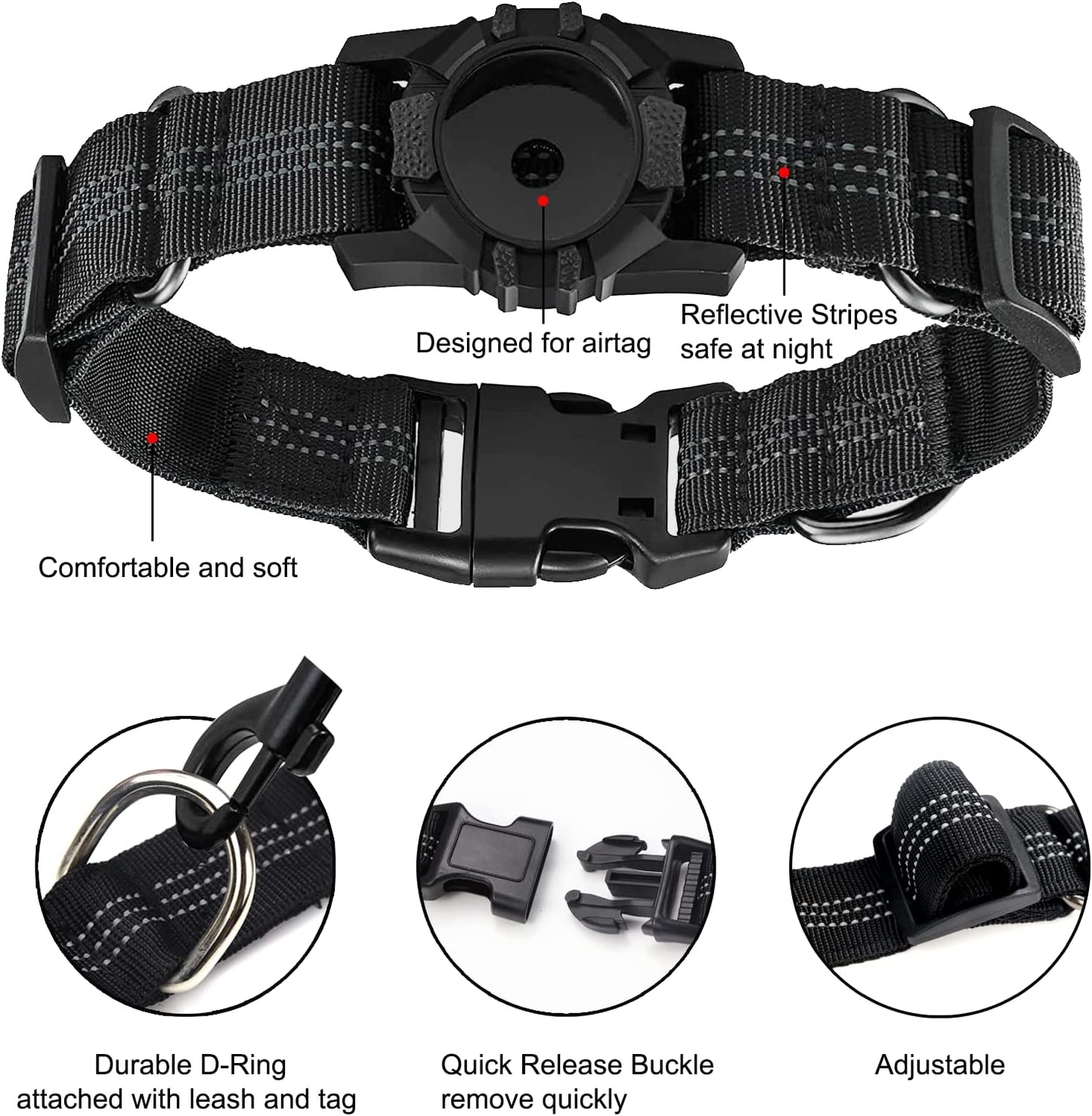 Apple Airtag Heavy Duty Dog Collar with Airtag Holder Case, Adjustable for Medium Large Dogs