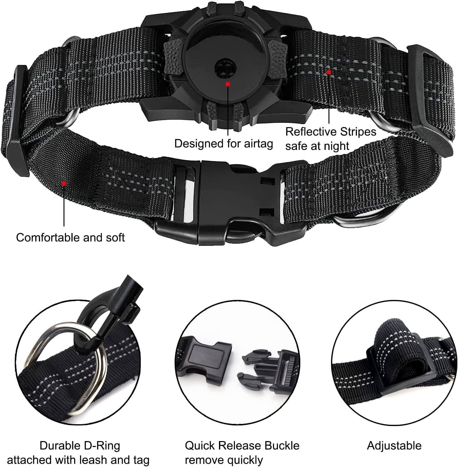 Apple Airtag Heavy Duty Dog Collar with Airtag Holder Case, Adjustable for Medium Large Dogs